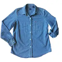 Gap Oxford Jean Shirt Women M 8 10 Denim Cotton Button Up Top Gingham Checked