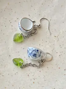 Handmade porcelain tea cup & Czech glass leaf unique fun fairy antique style dangle earrings🫖🍃🌀