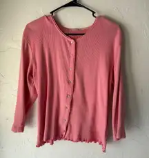 Y2k Pink Ribbed Knit Cardigan Top Ruffle Trim Long Sleeve Button Up Blouse Large