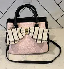 Betsey Johnson faux leather satchel quilted rose pattern striped bow pink black