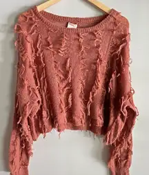Kerisma Rust Distressed Knit Sweater S/M Cropped Fringe Grunge Boho Pullover