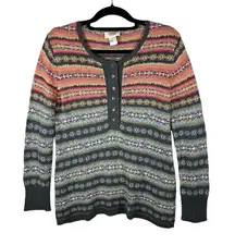 TALBOTS Womens Size S Fair Isle Crewneck Henley 1/4 Button Sweater Winter Hoiday