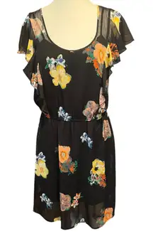 Black Rainn Floral Print Mini Dress Women's M Black‎ Blouson Mesh Flowy Casual