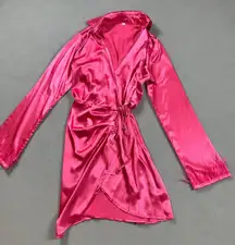 SHEIN Mini Dress Womens S Hot Pink Satin Tie Front Feather Cuffs Long Sleeves