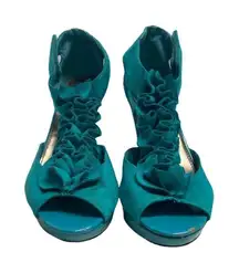 CATO Turquoise Ruffle Strap Hook & Loop Peep Toe Heels Size 7