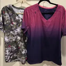 2 Women’s Short Sleeve V Neck Scrub Tops Purple Ombre & Butterfly Print Top XL