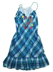 Uncle Frank Blue Plaid Floral Embroidered Dress Large