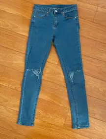 Push Skinny Jeans Blue High Waisted Distressed Cut Out Knees