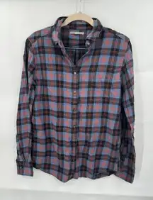 Uniqlo Button Up Shirt Women Small Purple Plaid Long Sleeve‎ Flannel Western