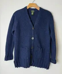 LL Bean vintage wool, silk, mohair, navy blue, two pocket button down cardigan M