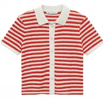 Mango Cotton Blend Combined Knitted T-Shirt Coral Red Stripes NWT Size Small