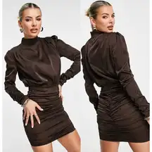 NWT Rare London Long Sleeve High Neck Ruched Satin Mini Dress Brown Women's US 6