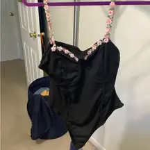 SHEIN Black Bodysuit with Pink Floral Straps