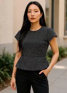 Kenneth Cole  Minimalist Parisian Striped Cap Sleeve Structured Blouse 6