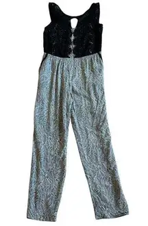 Elevenses Anthro Grey Black Leaf Print Jumpsuit Lace Top High Waist Size 4 Women