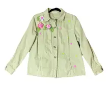 Susan Graver‎ Large Sage Green Denim Embroidered Jacket Floral Patchwork Boho