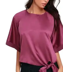 Lulus I. Madeline Mixology Purple Satin Tie-Front Top Purple Satin Blouse XS