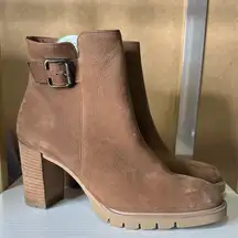 Green Selma Lug Sole Bootie PLATFORM BUCKLE Tan NUBUCK