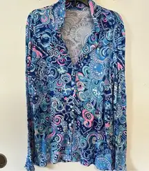 Lilly Pulitzer Ruffle PJ Button up Top Cosmic Kismet Size Small Blue Pink