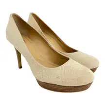 Tahari (7.5) Sophia Cream Waxed Burlap Stacked Platform Stiletto Pump Heels