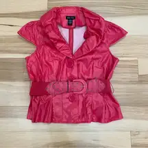 Vintage Hot pink pleather jacket with a ruffle collar and studded details Sz L