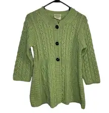 Kilronan Knitwear 100% Pure New Merino Wool Green Chunky Knit Buttoned Jacket XS