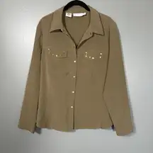 Kathy Che Women's Olive Green Military Style Studded Button Up Top - Size XL