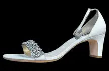 Badgley Mischka Silver Crystal Block Heel Sandals 10 Wedding Evening Bridal Shoe