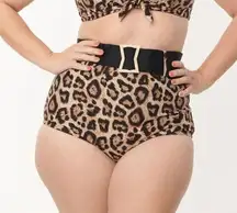 Unique Vintage Leopard Print High Waist Belted Swim Bottom M