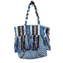 America and Beyond‎ vibrant boho chic tote bag with fringe and medallion accents