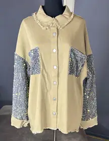 Women’s Beige & Sparkling Sequined Button-Up Shirt Jacket Shacket Size XL NEW
