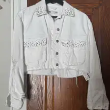 Zara Customized White Bedazzled Fringe Denim Jacket size S