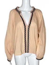 Zara Shirt Women Large Tan Black TRF Blouse Fringe Casual Boho‎ Bohemian Peasant