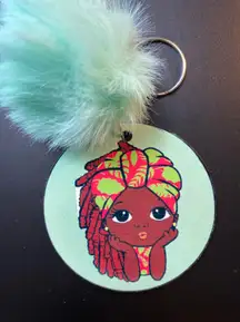 Handmade New, Adorable African American Girl Green Faux Fur Pom-Pom Keychain