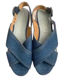 Marc Jacobs Denim Platform Wedge Espadrille Sandals Rhinestone Buckle Sz  37