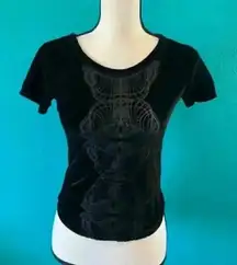 Free people black velvet feeling shirt with a sheer detailing on the front