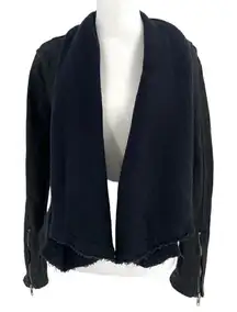 Free People Cropped Moto Drape Front Coated Denim Open Biker Jacket Black size 2