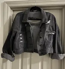 Cropped Black/Grey Jean Jacket with Sparkle Tassels Small/Medium 