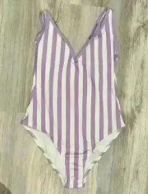 Kona Sol Purple Stripe V Neck Low Back High Leg One Piece Swimsuit Size L