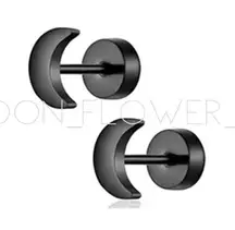 Tiny Black Moon Stainless Steel Flat Back Stud Earrings