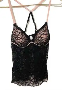 Secret Treasures Size Large Black Lace Pink Padded Lingerie Pajama Night NEW