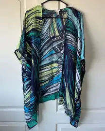 Chico's Linen Kimono Open Wrap Top Palm Print‎ Foliage Cover Up Beach One Size