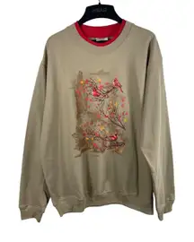 Top Stitch by Morning Sun Sweatshirt Cardinals Birds Fall Leaves Beige Red XL