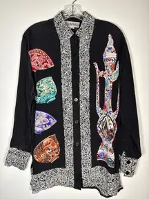 Vintage Diane Von Furstenberg Silk Asian Chinoiserie Teacup Button-Up Top XS