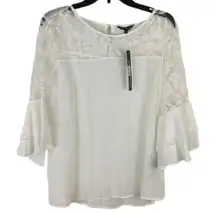 NEW White Boho Crinkle Gauzy and Floral Lace Ruffle Bell Sleeve Top Size Large