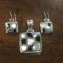 Checkerboard Mosaic Inlay Sterling Onyx Mother of Pearl Drop Earrings & Pendant
