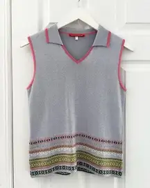 Alain Manoukian Light Blue Grey Collared Sweater Sleeveless Vest Fair Isle Small