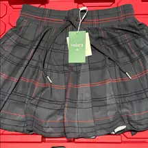 NWT HALARA Gray and Red Plaid Skater Skirt size S 2 in 1. Sheer with/shorts.