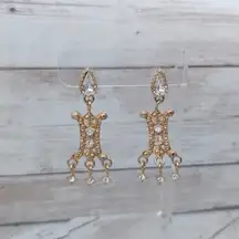 Vintage Earrings for Pierced Ears Ornate Gold Tone & Clear Gem Statement Dangle