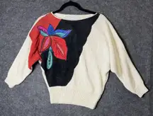 Vintage 80s Nannell Hand Knit Sweater - Colorful Floral Appliqué Dolman Sleeve M